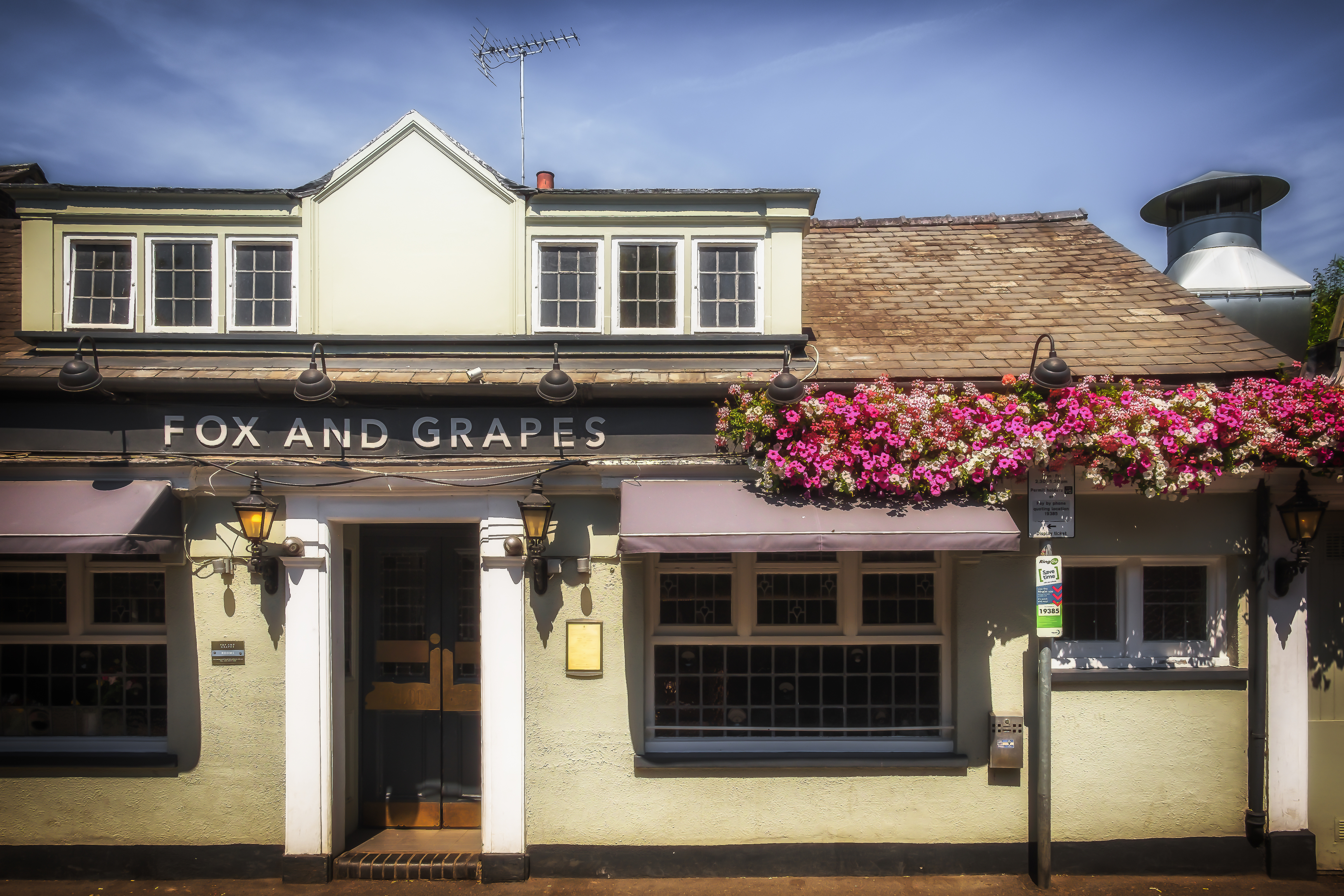 Exterior of the Fox and Grapes pub near Wimbledon Common, with hanging flower baskets and traditional pub frontage.